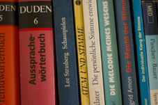 Bücherregal mit Büchern, Buchrücken, Titel wie Aussprache Wörterbuch oder Atmung und Stimme